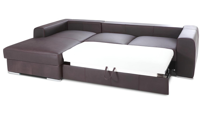 Moderna kotna sedežna garnitura z usnjenim zaključkom in funkcijo postelje