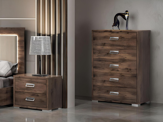 Sodobna posteljna garnitura z posteljo, nočno omarico, komodo in ogledalom - 6 kosov