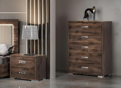 Sodobna posteljna garnitura z posteljo, nočno omarico, komodo in ogledalom - 6 kosov