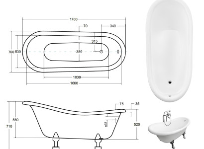Vintage samostoječa kad, klasična, nova