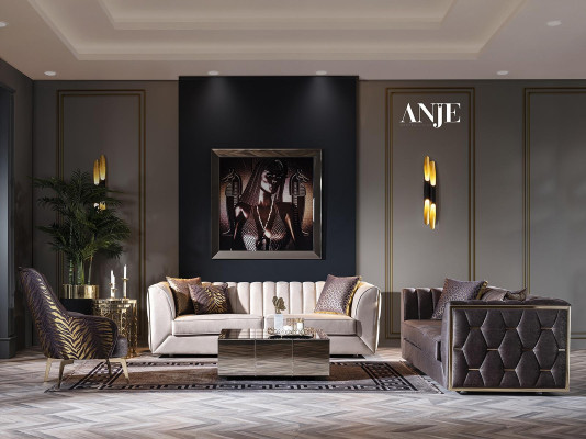 Moderen bel kavč s kavnim mizico, oblazinjen kavč za dnevno sobo, tkaninski kavči