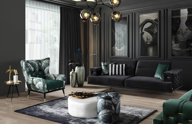 Luksuzni komplet kavčev za dnevno sobo s trojnim kavčem, kavnim mizico in stolom 6 kosov