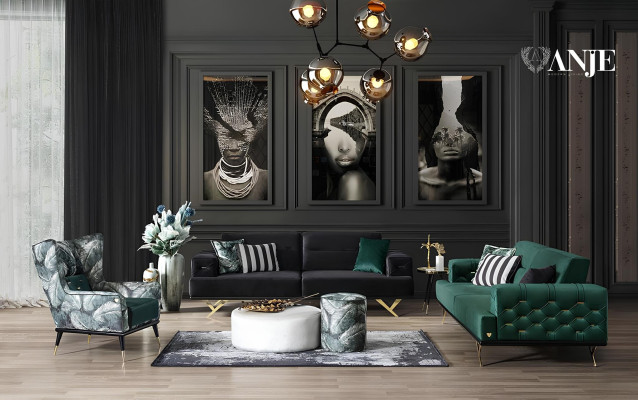 Črni 3-sedežni kavč sodobnega dizajna za dnevno sobo