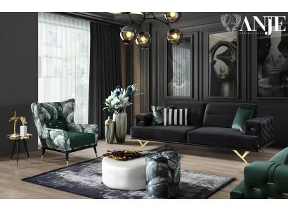 Sodobna črna kavč s pohištvom iz luksuznega blaga