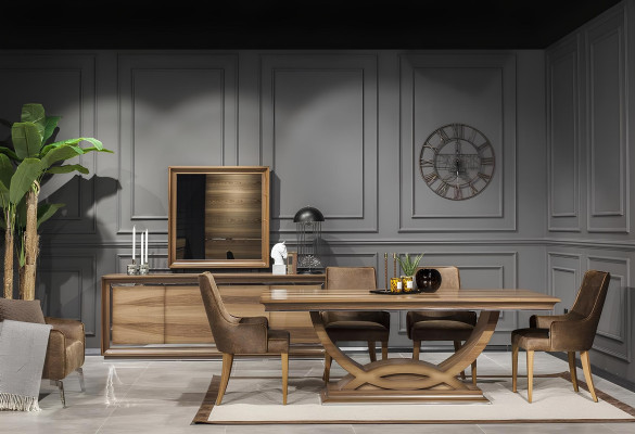 Set s 9 deli, vključno s tabelo, stoli, komodo in ogledalom