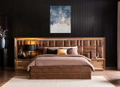 Kompletna spalna garnitura z posteljo + luksuzni nočni omarici v rjavi barvi