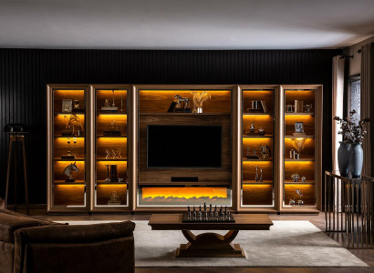 Luksuzna stena za dnevno sobo z ognjiščem in kavnim mizico