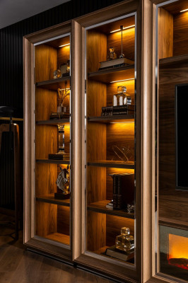 Luksuzna stena za dnevno sobo z ognjiščem in kavnim mizico