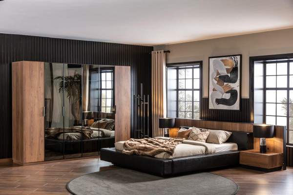 Temno pohištvo za spalnico, vključno z posteljo, omaro in 2 nočnima omaricama, 4 kosi.