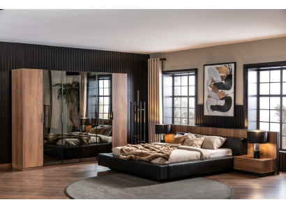 Temno pohištvo za spalnico, vključno z posteljo, omaro in 2 nočnima omaricama, 4 kosi.