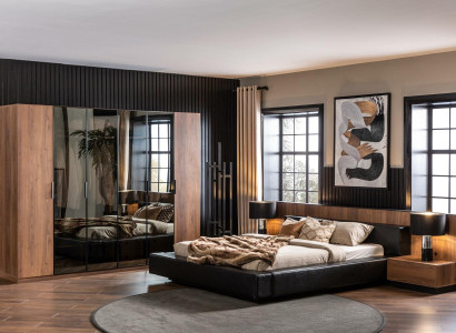 Temno pohištvo za spalnico, vključno z posteljo, omaro in 2 nočnima omaricama, 4 kosi.