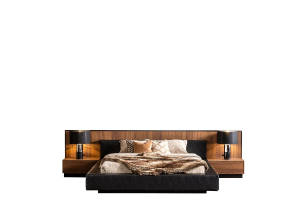 Temno pohištvo za spalnico, vključno z posteljo, omaro in 2 nočnima omaricama, 4 kosi.