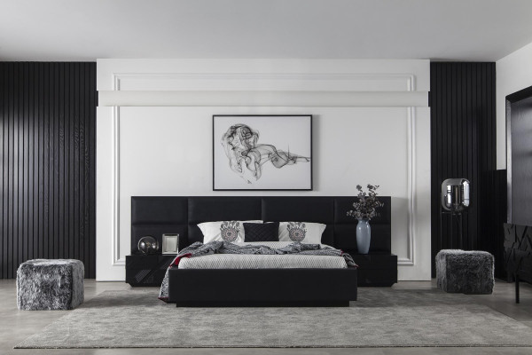 Moderna spalnica set Mustat, 3-delna nočna omarica, usnjena postelja