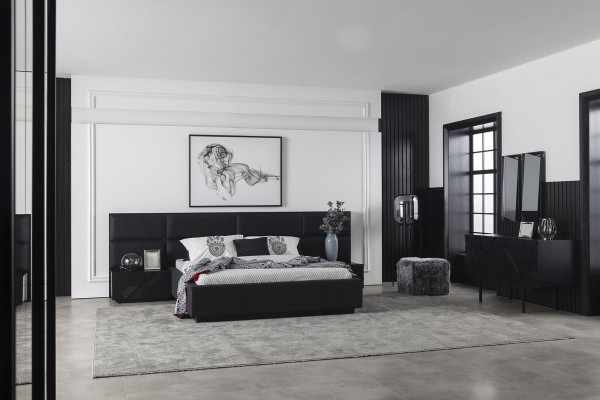 Moderna spalnica set Mustat, 3-delna nočna omarica, usnjena postelja