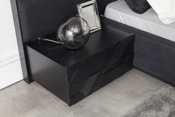 Moderna spalnica set Mustat, 3-delna nočna omarica, usnjena postelja