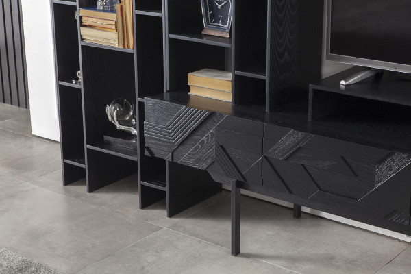 Črna stenska enota z odprtim shranjevanjem za dnevno sobo