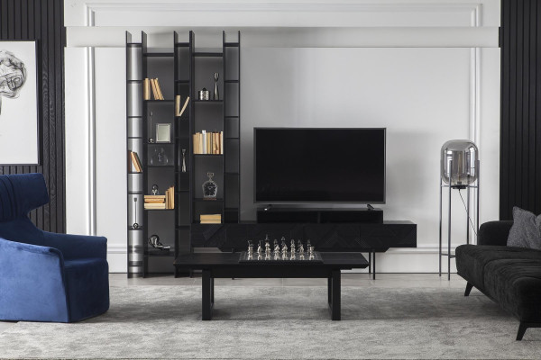 Črna stenska enota z odprtim shranjevanjem za dnevno sobo
