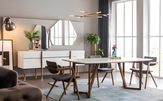 Set bele lesene preproge, miza, stoli, nočno omarico 9 delov.