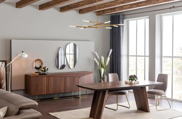 Rjav jedilni miza z 9 stoli in nočno omarico