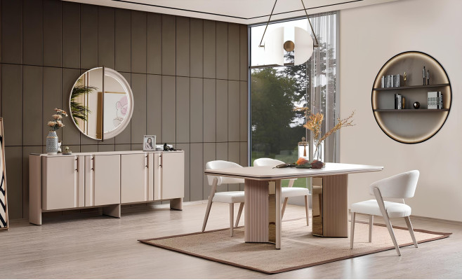 Kompletna bež jedilnica set jedilna miza stoli komoda ogledalo