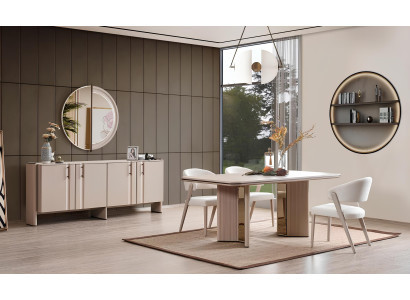 Kompletna bež jedilnica set jedilna miza stoli komoda ogledalo