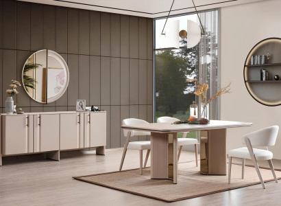 Kompletna bež jedilnica set jedilna miza stoli komoda ogledalo