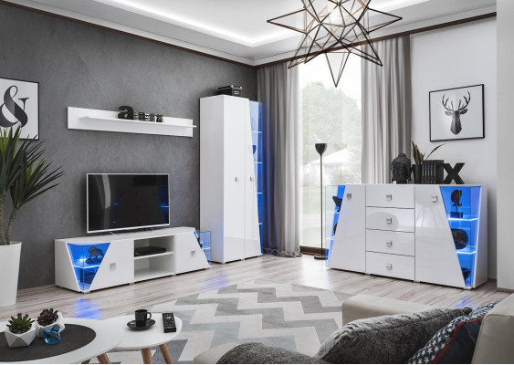 Moderna bela vitrina TV enota, 4-delni set, nov