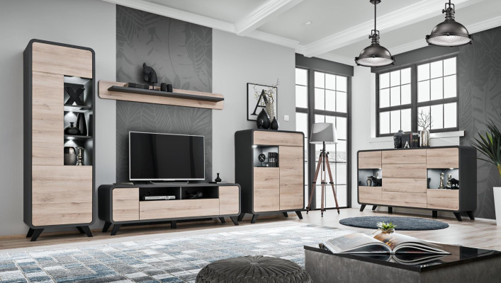 5-delni komplet za dnevno sobo s TV stojalom, vitrinami, policami, lesenim pohištvom