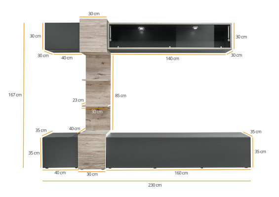 Moderna stenska enota za dnevno sobo s sivimi policami in televizijskim stojalom