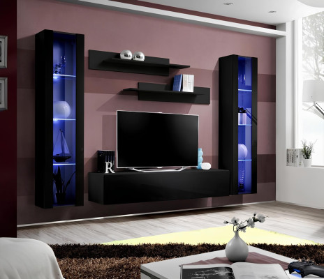 Mobilna dnevna soba pohištva komplet s policami v modernem črnem dizajnu 5 kosov.