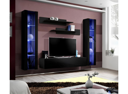 Mobilna dnevna soba pohištva komplet s policami v modernem črnem dizajnu 5 kosov.