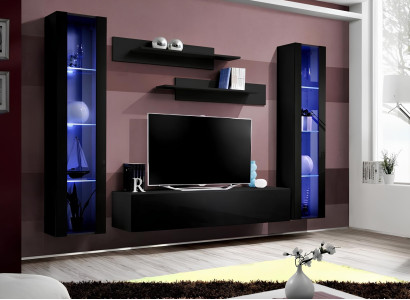 Mobilna dnevna soba pohištva komplet s policami v modernem črnem dizajnu 5 kosov.