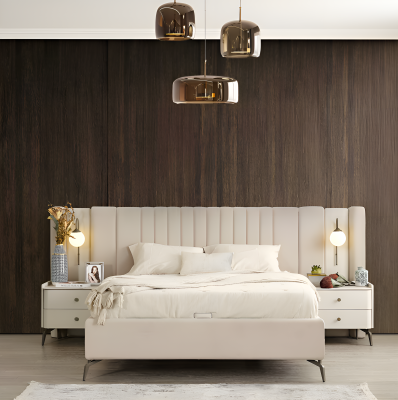 Eleganten komplet za spalnico z oblazinjeno posteljo, 2 nočna omarica in toaletno mizo