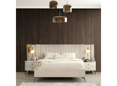 Eleganten komplet za spalnico z oblazinjeno posteljo, 2 nočna omarica in toaletno mizo