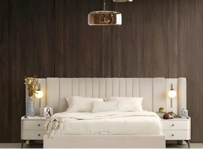 Eleganten komplet za spalnico z oblazinjeno posteljo, 2 nočna omarica in toaletno mizo