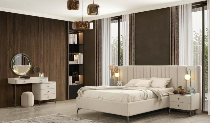 Eleganten komplet za spalnico z oblazinjeno posteljo, 2 nočna omarica in toaletno mizo