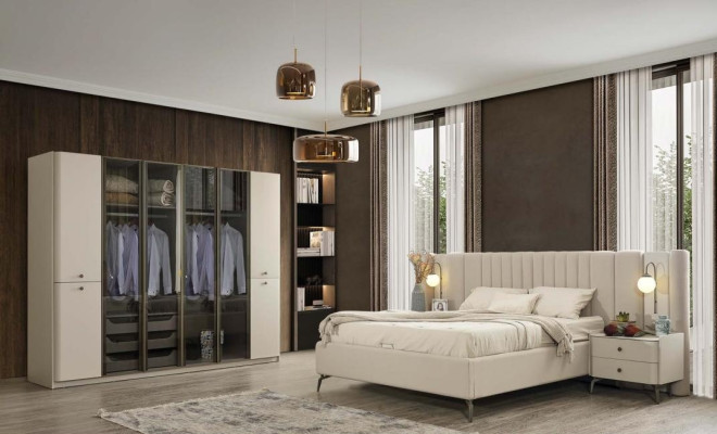 Sodobna zasnova pohištva za spalnico postelja 2x nočna omarica 4 kosi