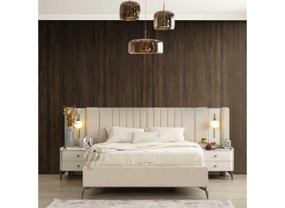 Obložena pohištvena garnitura za belo spalnico z elegantno zakonsko posteljo in 2 nočnima omaricama