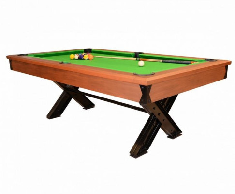 Rjav leseni biljardni miza z kovinsko ogrodje in elegantnim dizajnom