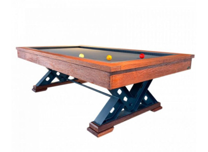 Rjav masiven leseni miza s jeklenimi nogami in marmorjem na vrhu