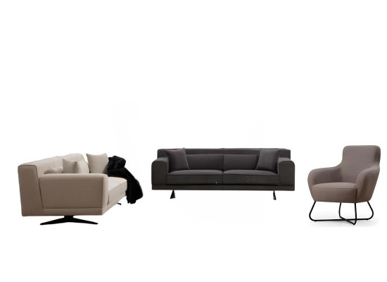 Sivobeli kavč za dnevno sobo, oblikovalska stolica 2x 3 sedeža