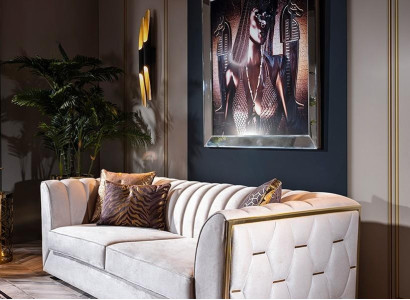 Eleganten moderan luksuzni 3-sedežni kavč, leseno pohištvo, nova oblazinjena tkanina