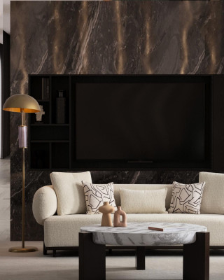 Sodobna 3-sedežna kavča v luksuznem blagu in lesu