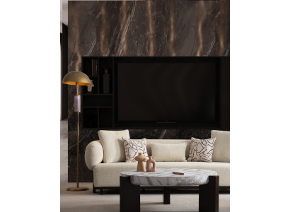 Sodobna 3-sedežna kavča v luksuznem blagu in lesu