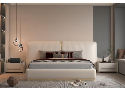 Postelja okvir v bež z zlatimi detajli, sodoben dizajn, vzglavnik za spalnico