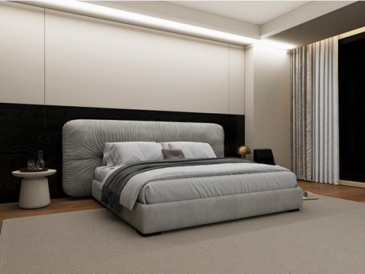 Luksuzna siva posteljna ograja z moderno oblazinjeno glavo