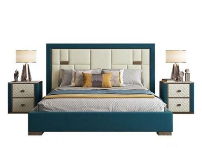 Luksuzna modra postelja z modernim oblazinjenim naslonjalom in živahnimi barvami