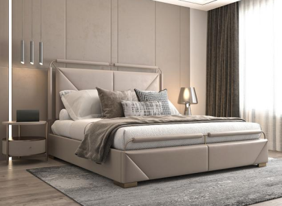 Sodobna luksuzna postelja v bež barvi z zlatimi detajli in elegantno vzglavjem