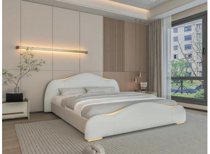 Sodobna siva postelja z zlatimi detajli in elegantno vzglavjem