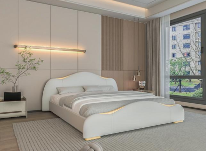 Sodobna siva postelja z zlatimi detajli in elegantno vzglavjem